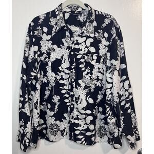 Land’s End Women’s Linen Shirt Navy White Tropical Button Up Size XL